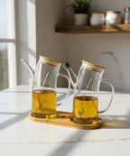 Ensemble de 2 Bouteilles à Huile en Verre avec Support en Bois
