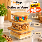 Lot de 3 Boîtes en Verre avec Couvercles en Bambou