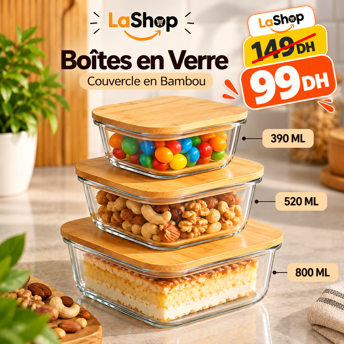 Lot de 3 Boîtes en Verre avec Couvercles en Bambou