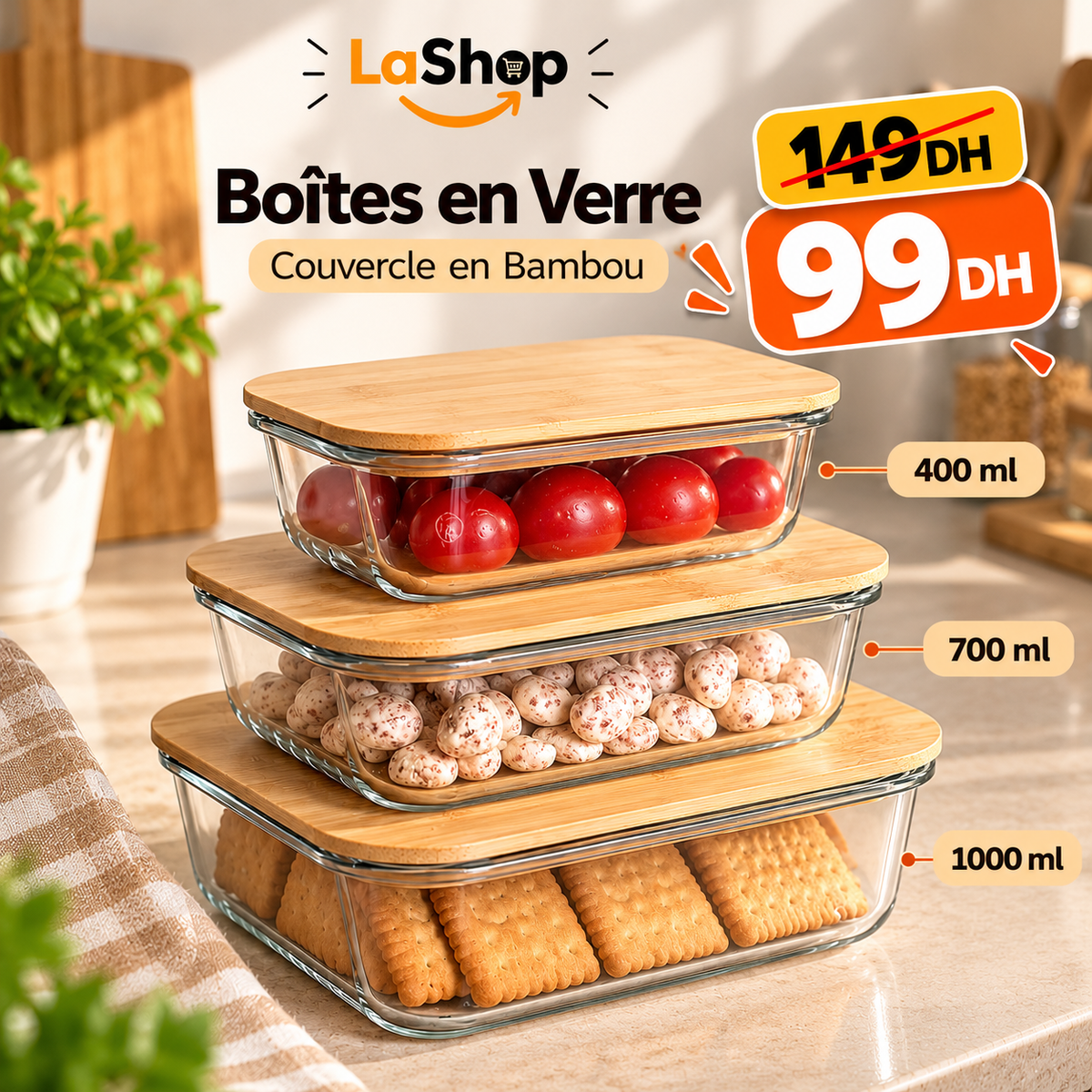 Lot de 3 boîtes en verre avec couvercles en bambou