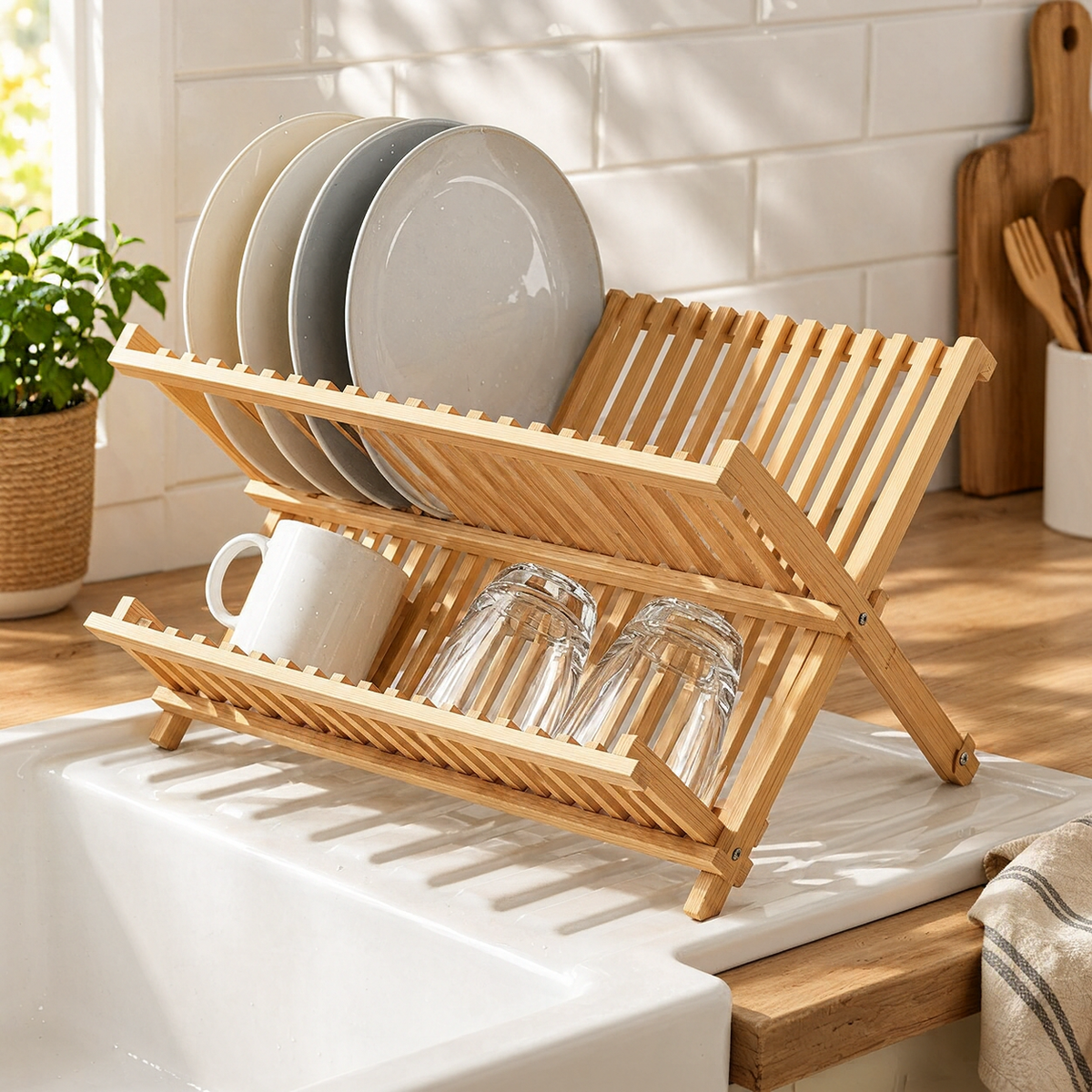 Égouttoir à Vaisselle Pliable en Bambou Naturel