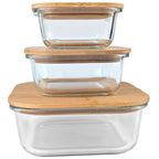 Lot de 3 Boîtes en Verre avec Couvercles en Bambou