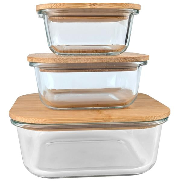 Lot de 3 Boîtes en Verre avec Couvercles en Bambou