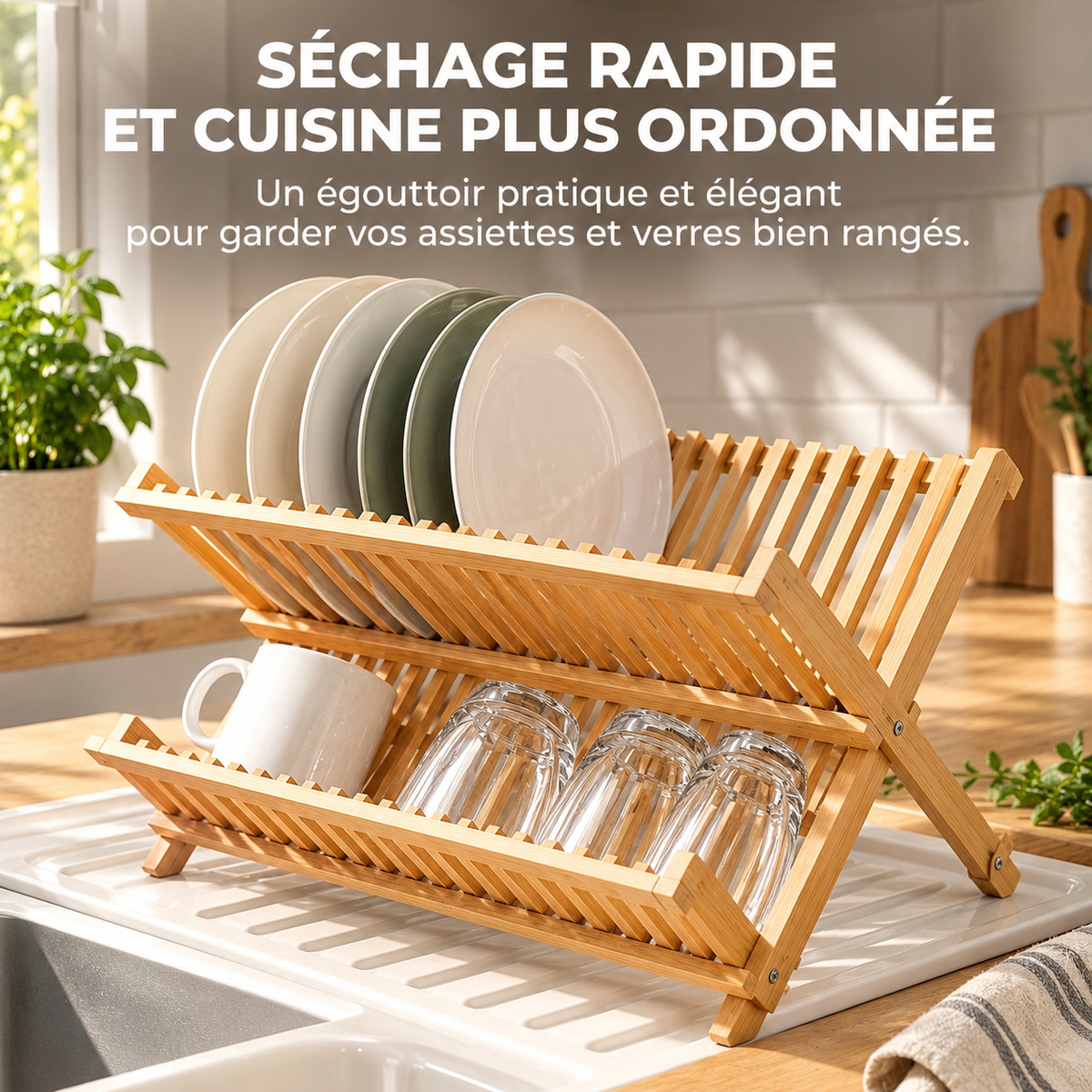 Égouttoir à Vaisselle Pliable en Bambou Naturel