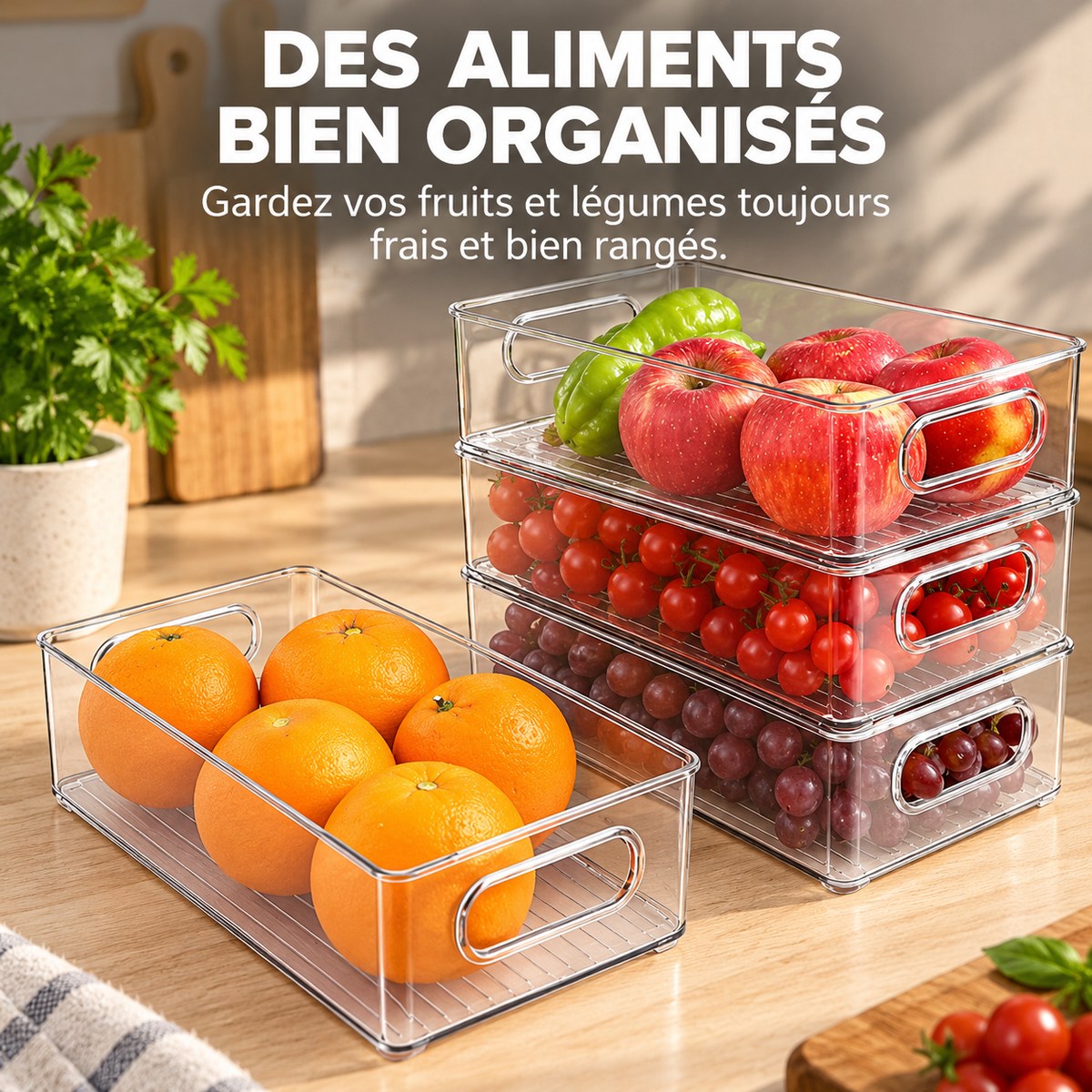 Lot de 4 Bacs de Rangement Transparents avec Poignées